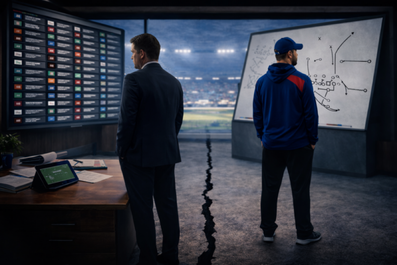 Generated NFL GM HC split A professional football General Manager in a suit and a Head Coach in team sideline gear stand on opposite sides of a jagged crack running across the floor of their facility. The GM faces a large digital draft board while the coach studies a greaseboard covered with football play diagrams. Stadium lights glow through the windows behind them, highlighting the divide between their separate worlds.